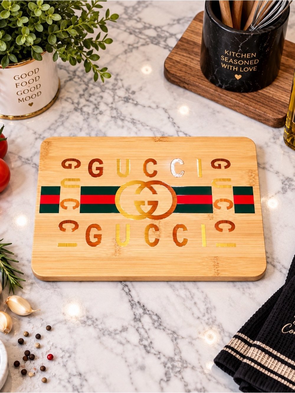 Bamboo Cutting Board with Green & Red Striped Logo